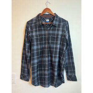 KAVU True Outdoor Wear Womens Plaid Flannel Shirt Grey Black Elbow Patch Size M